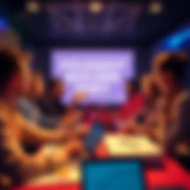 A group of people discussing digital assets and blockchain technology at a Polkadot Builder Party event. Charts and laptops are on the table, showcasing the SmartNFT framework.