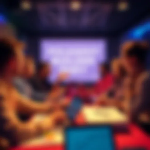 A group of people discussing digital assets and blockchain technology at a Polkadot Builder Party event. Charts and laptops are on the table, showcasing the SmartNFT framework.