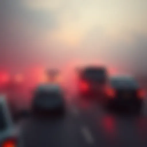 Vehicles moving slowly in smoggy conditions, highlighting poor air quality and its impact on health.