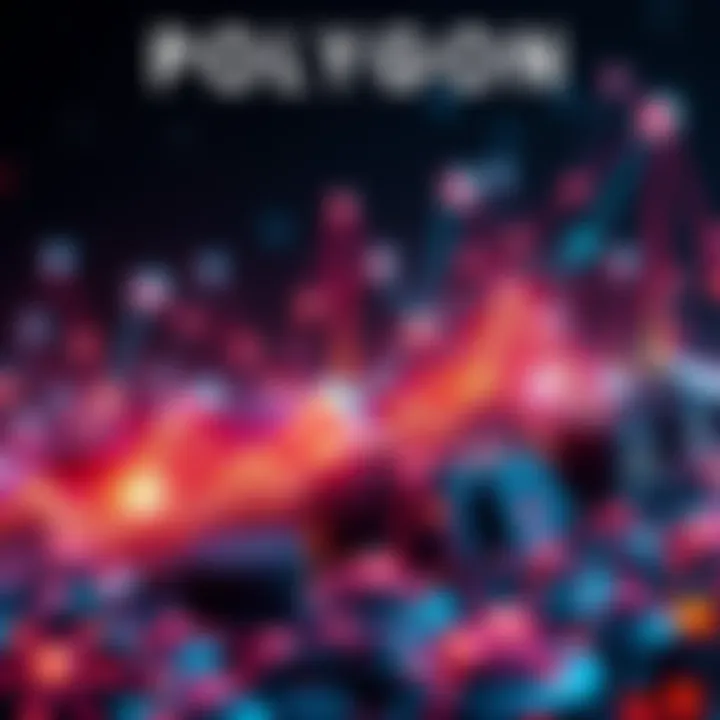 Polygon Growth Concept A visual representation of Polygon's ecosystem with futuristic elements symbolizing growth in blockchain technology, featuring digital graphics of networks and coins.