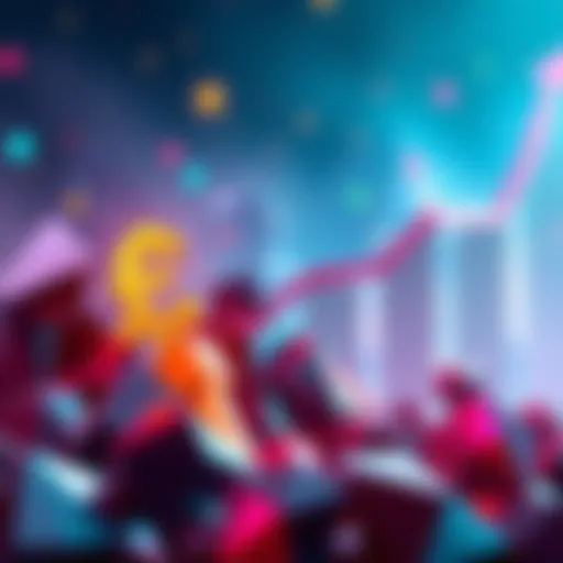 Illustration of digital art pieces symbolizing Polygon NFTs with a backdrop of financial growth, highlighting $2 billion sales milestone