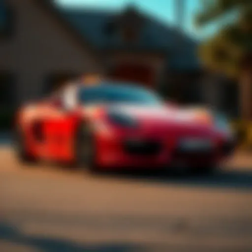 A Porsche Cayman parked outside a Texas home, symbolizing the historical sale for 300 Bitcoin in 2013.