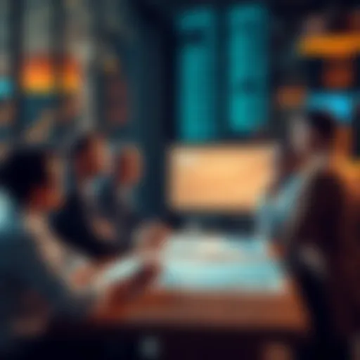 A group of people discussing investment strategies and portfolio performance around a table with charts and graphs on display.