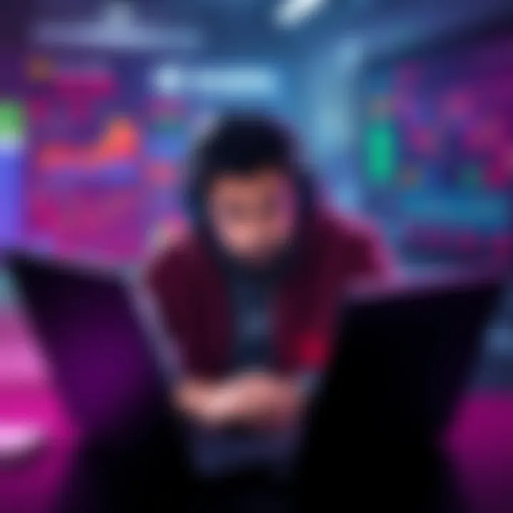 A trader looking worried while checking cryptocurrency charts on a laptop, with images of Kaspa logo and currency symbols in the background