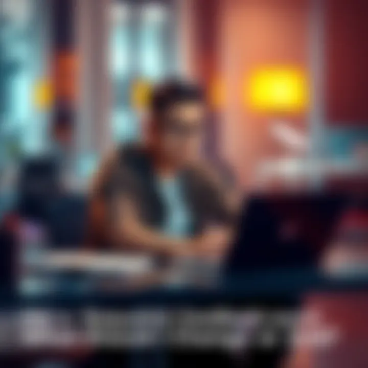 A newcomer sitting at a desk with a laptop, looking curious while writing a message for feedback on their project