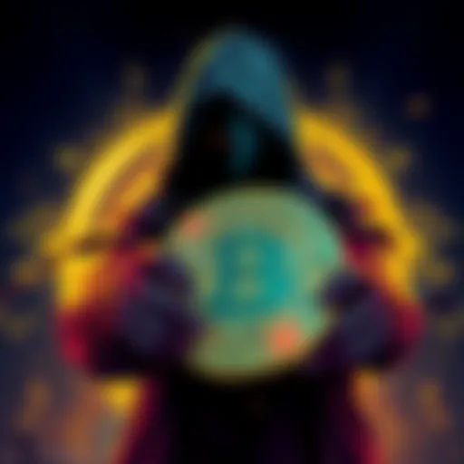 Illustration of a digital currency symbolizing Dogecoin under threat from a shadowy figure representing the Qubic community