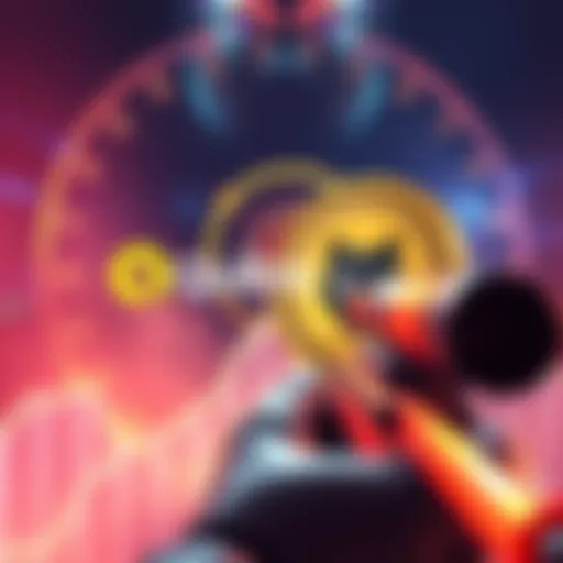 Illustration showing Qubic's logo aiming towards a representation of Dogecoin, symbolizing competition in the cryptocurrency market.