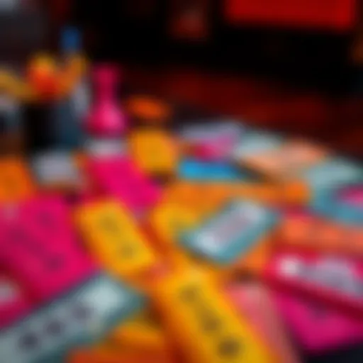A collection of colorful raffle tickets laid out on a table, showcasing various numbers and designs to represent participation in a raffle.