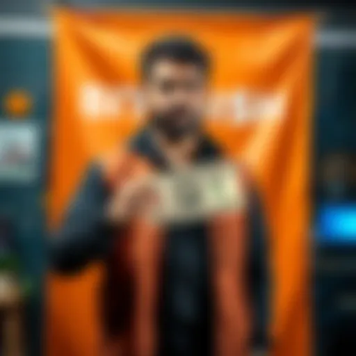 Rajat Soni stands in front of a banner promoting his Bitcoin course, holding a dollar bill instead of cryptocurrency symbols
