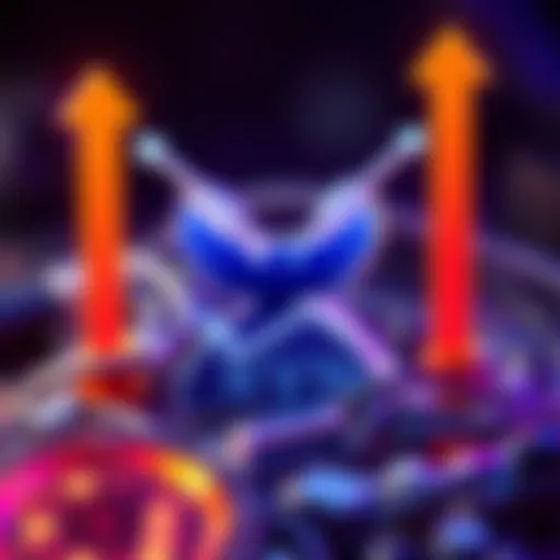 A graphic representation of Ravencoin's logo with mining tools and upward trend arrows, symbolizing its comeback in the crypto market.