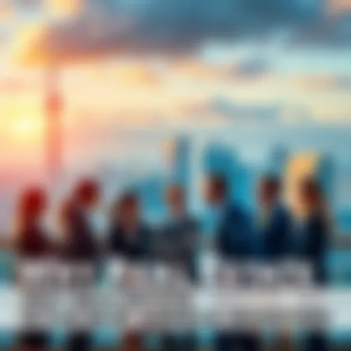 A group of diverse investors discussing real estate properties and trends, with a city skyline in the background