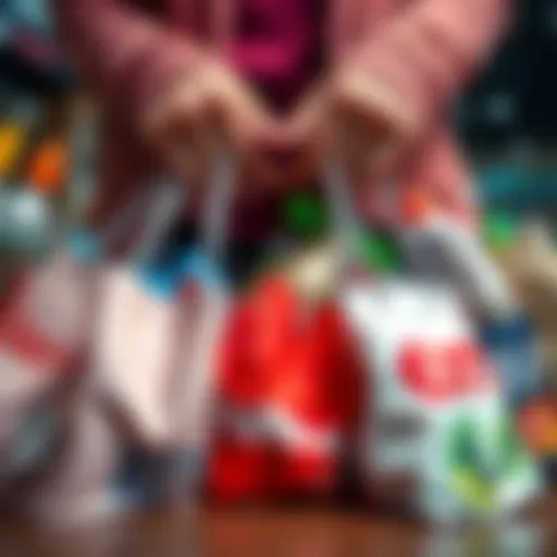 A person holding shopping bags filled with various items, reflecting recent buying choices, with a close-up of the bags showing labels of popular brands