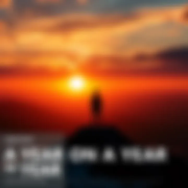 A person standing on a hilltop looking at a sunset, symbolizing contemplation and growth over the past year.