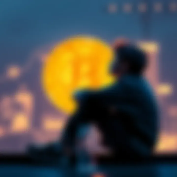 A young person sitting thoughtfully with a Bitcoin symbol in the background, illustrating contemplation on investment decisions and missed opportunities.