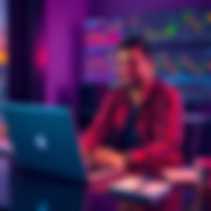 Relaxed Investor A person sitting calmly at a desk with a laptop, analyzing cryptocurrency charts with a smile, symbolizing a stress-free investment approach.