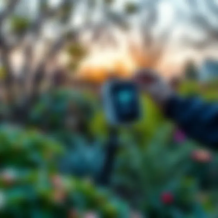 A person adjusting an outdoor hotspot device in a garden to improve Wi-Fi signal strength.