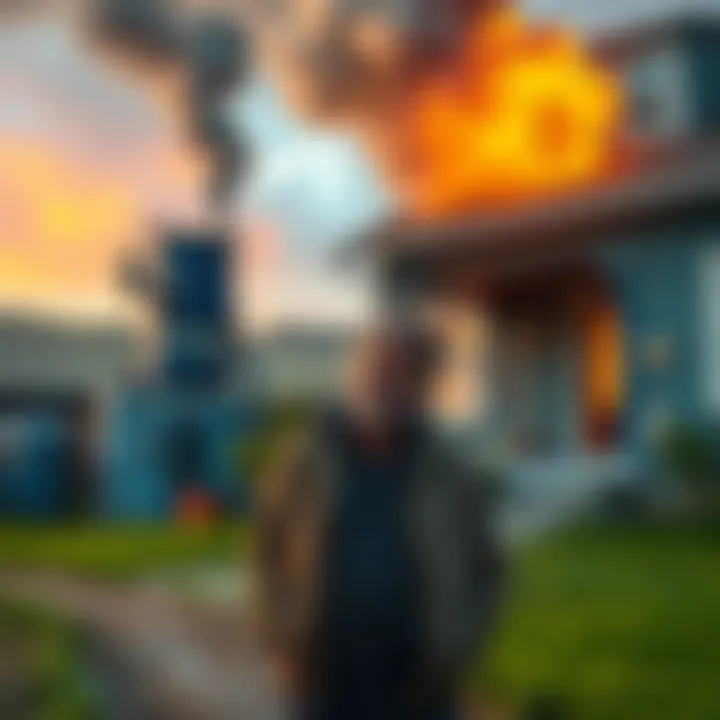 A distressed resident stands outside their home close to a Bitcoin mining facility, showing signs of frustration and environmental impact.