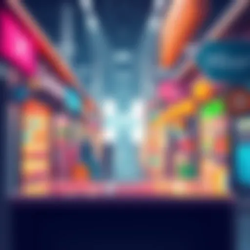 An illustration of a digital marketplace with the Dead Pixels logo and Hbar symbol featured prominently, highlighting the connection between retail and cryptocurrency.
