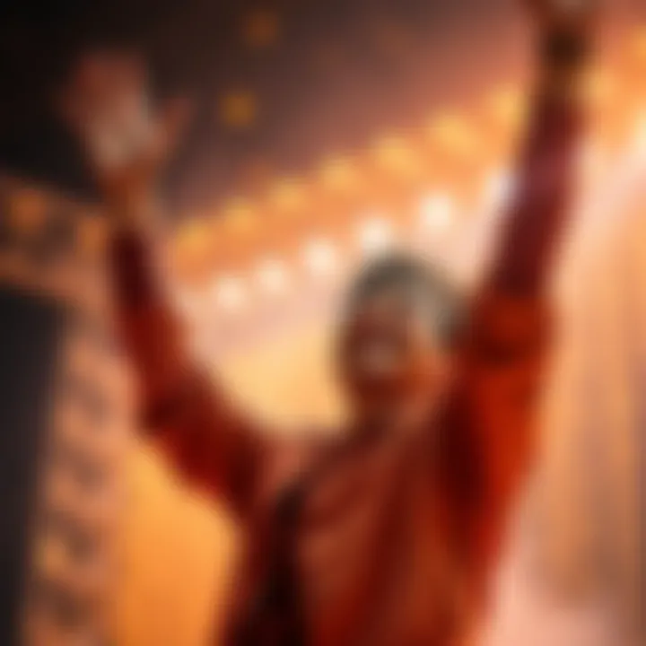 A person joyfully celebrating their return to Rose Gold status, with a golden background symbolizing achievement and growth.