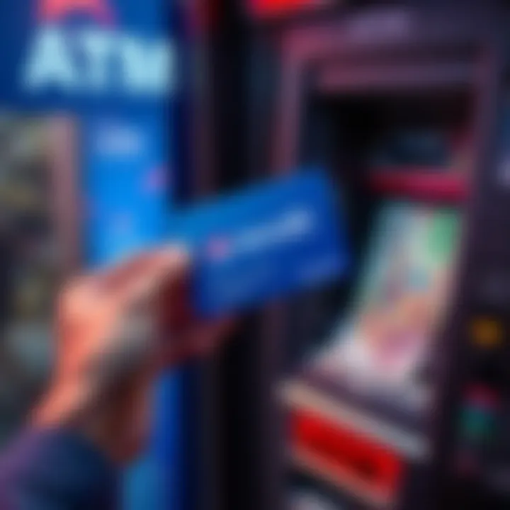 A person holding a Revolut card next to an ATM, with foreign currency notes visible