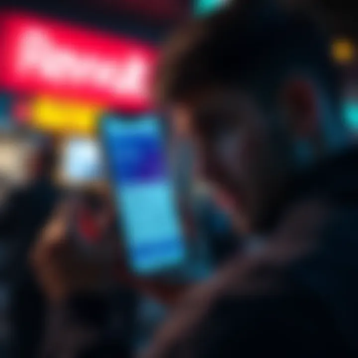 A frustrated person looking at their phone with a Revolut app on the screen, showing a pending transaction