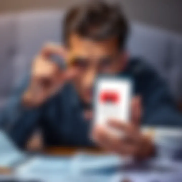A frustrated person holding a smartphone showing a frozen account message, with a worried expression on their face, amidst financial documents
