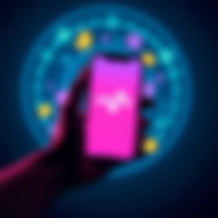 A person holding a smartphone displaying the Revolut app with crypto symbols in the background