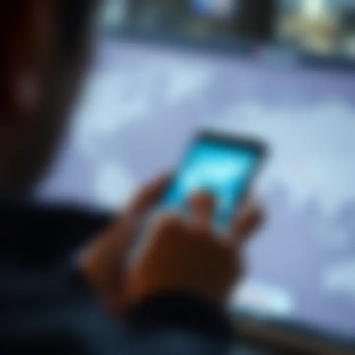 A person holding a smartphone displaying the Revolut app while looking at a world map, symbolizing banking abroad.