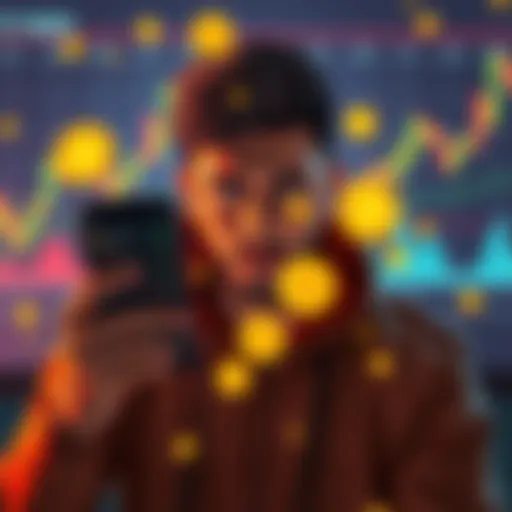 A person looking worried while holding a phone displaying cryptocurrency prices, with a background of fluctuating graphs and coins.