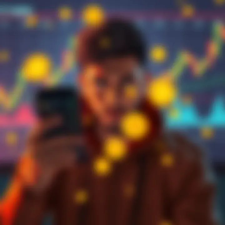A person looking worried while holding a phone displaying cryptocurrency prices, with a background of fluctuating graphs and coins.