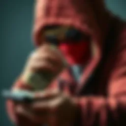 A robber counting cash with a hard wallet nearby, symbolizing the exchange of stolen bitcoin to fiat currency.