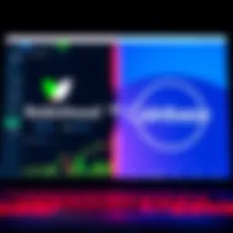 A split screen showing Robinhood on one side and Coinbase on the other, highlighting their trading interfaces and features.