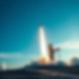 A rocket blasting off from a launch pad, leaving a trail of smoke as it ascends into a clear blue sky.