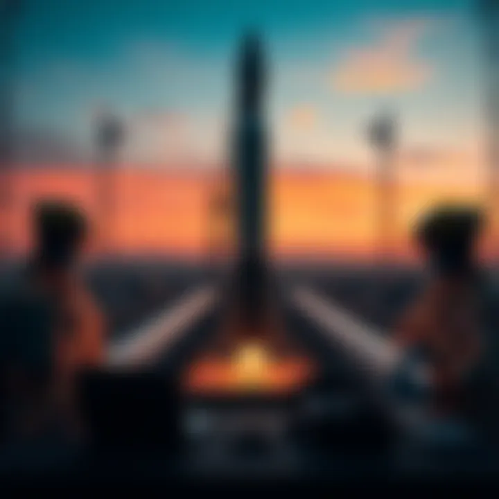 Rocket Launch Preparation A rocket being prepared for launch at a spaceport with technicians working around it.