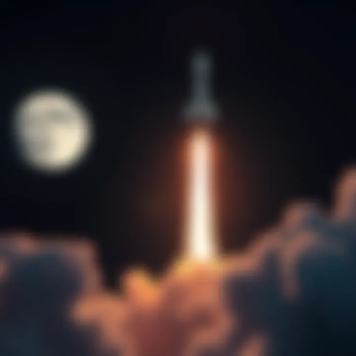 A rocket lifting off towards the moon with a bright flame and smoke trail against a night sky.