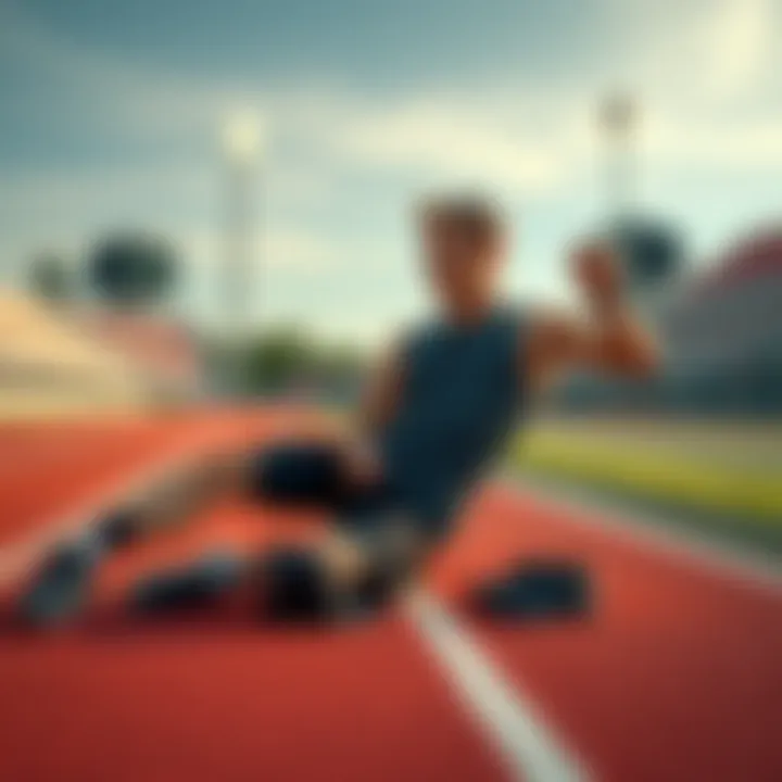 A runner stretching on a running track, gear laid out beside them, ready for a race.