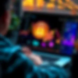 A person using a laptop with cryptocurrency charts on the screen, representing secure methods to buy Dovu. Coins and a lock symbol to emphasize security.