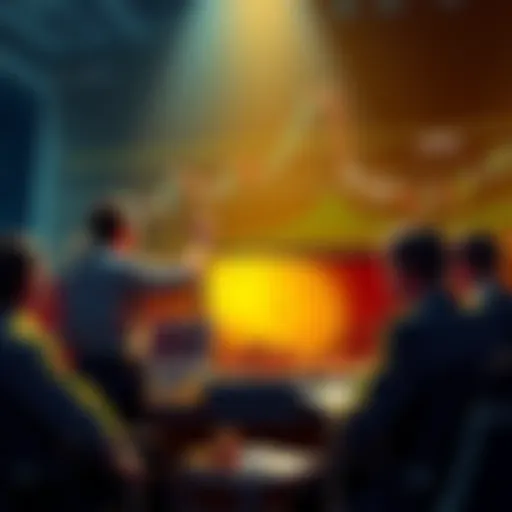 Group of people discussing altcoin investment options with charts and coins around them