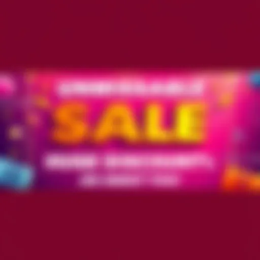 A vibrant banner showcasing discounts on various popular products, with a festive design and bold text announcing a limited-time sale.