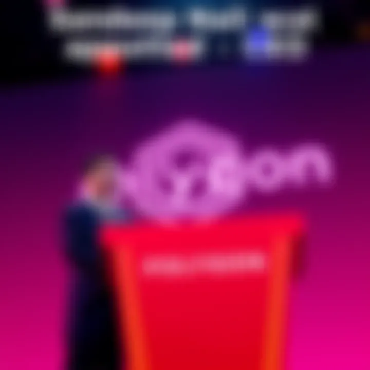 Sandeep Nailwal speaking at a podium with the Polygon logo in the background, announcing his new role as CEO of Polygon Foundation