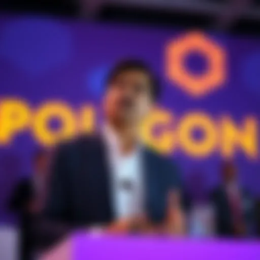 Sandeep Nailwal speaking at a Polygon event, emphasizing the focus on institutional investors, with a backdrop of the Polygon logo.