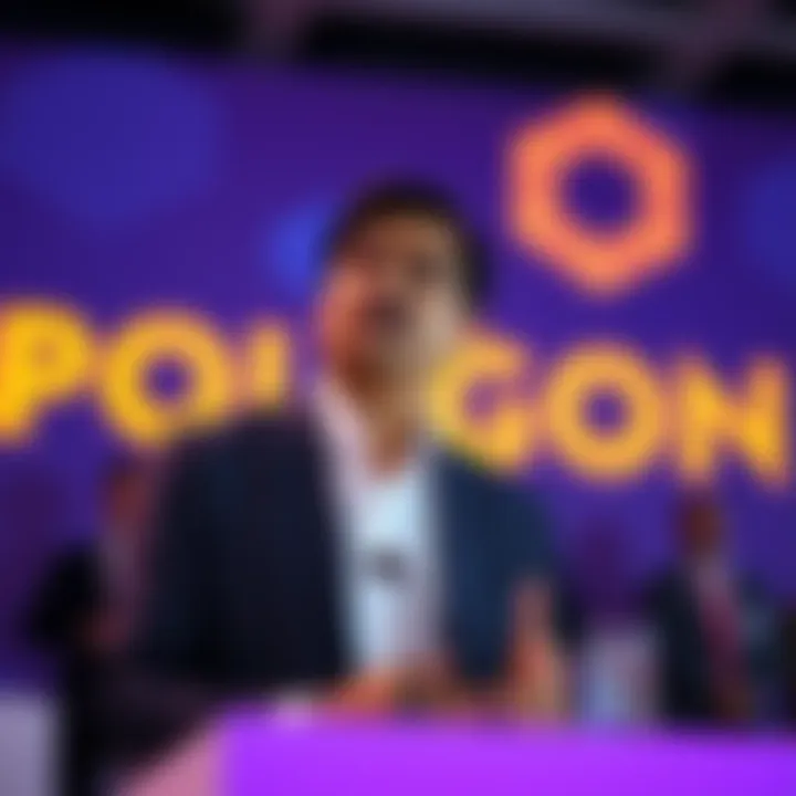 Sandeep Nailwal speaking at a Polygon event, emphasizing the focus on institutional investors, with a backdrop of the Polygon logo.