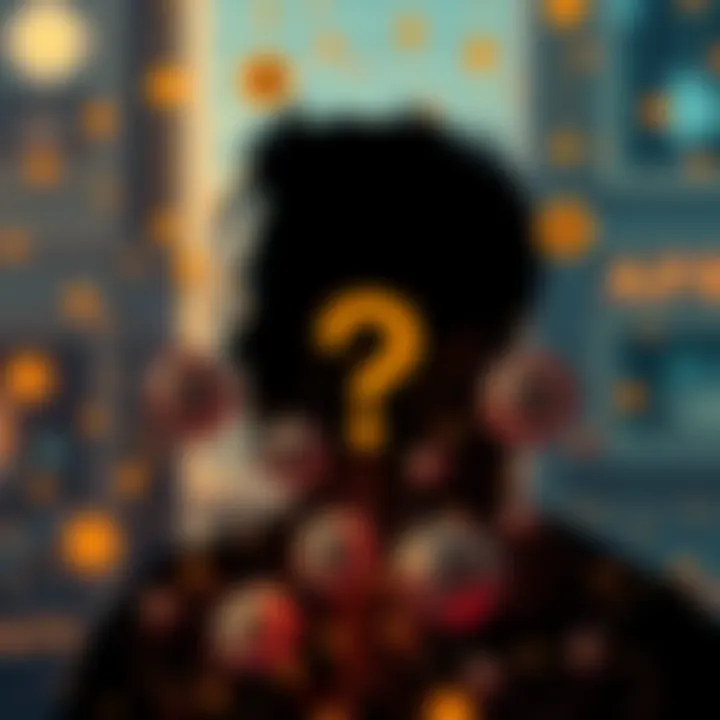 Satoshi Nakamoto Concept A silhouette of a person with a question mark, surrounded by Bitcoin symbols and cryptocurrency graphics.