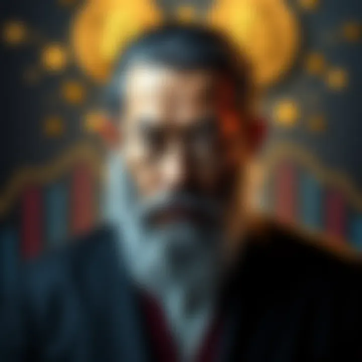 Art representation of Satoshi Nakamoto with Bitcoin symbols in the background, symbolizing potential return to guide Bitcoin's future