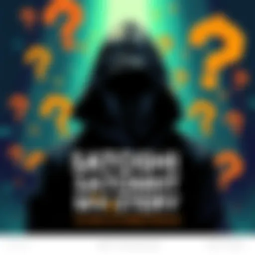 An illustration of a shadowy figure representing Satoshi Nakamoto, with a backdrop of cryptocurrency symbols and question marks, symbolizing the debate about identity.