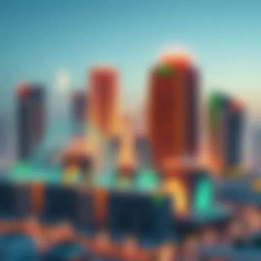 A visual representation of Saudi Arabia's real estate market transformation using tokenization technology, showcasing buildings and digital elements symbolizing blockchain and investment.