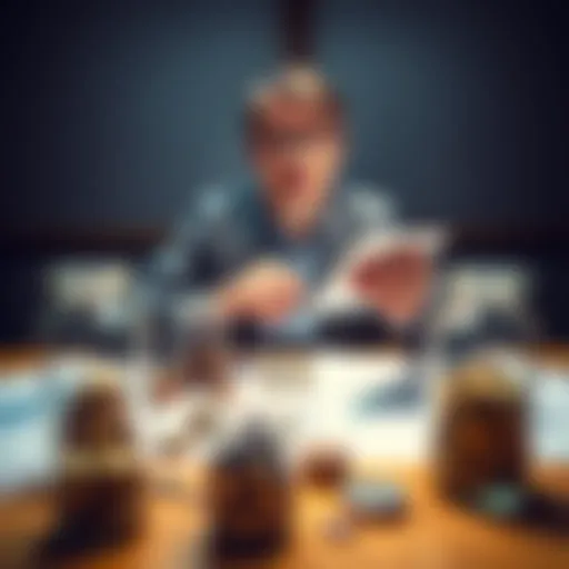 A person calculating expenses with a calculator, surrounded by savings jars and investment charts
