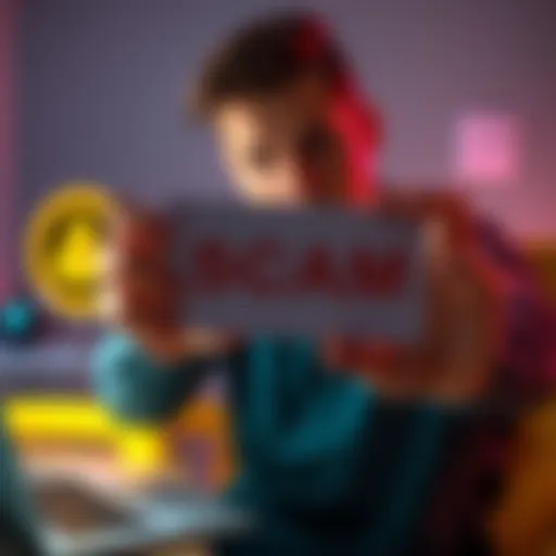 A person showing a warning about a scam involving cash transfer and CoinBase, with a laptop and an alert symbol in the background.