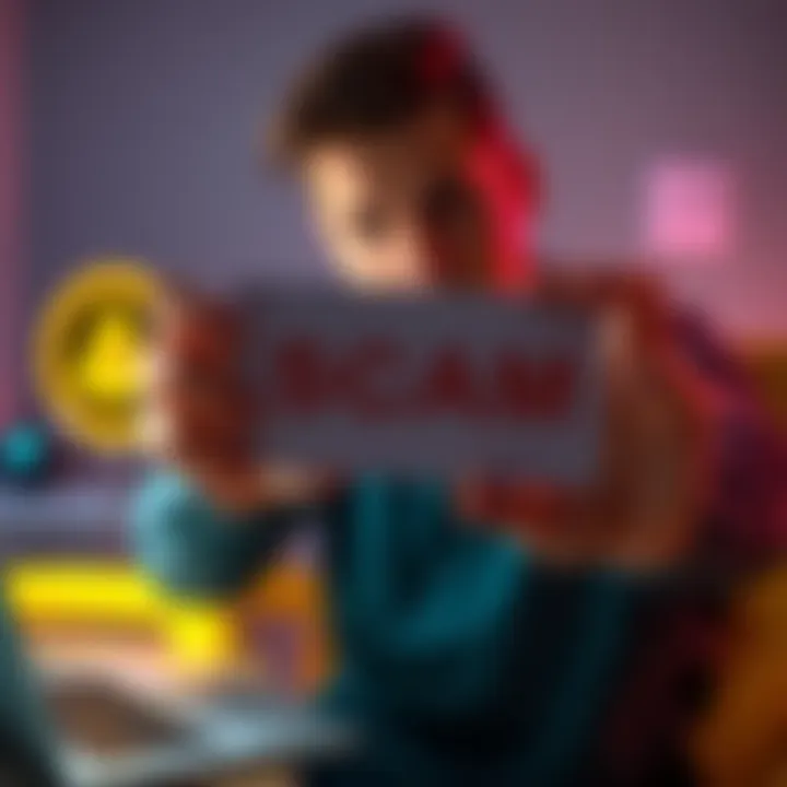A person showing a warning about a scam involving cash transfer and CoinBase, with a laptop and an alert symbol in the background.