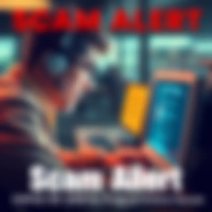 A concerned community member looking at a computer screen with caution, highlighting a warning about scams.